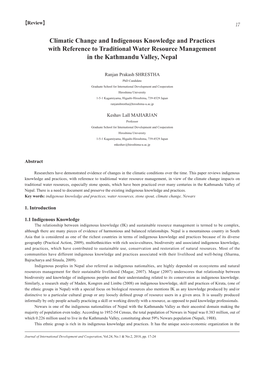 Climatic Change and Indigenous Knowledge and Practices with Reference to Traditional Water Resource Management in the Kathmandu Valley, Nepal