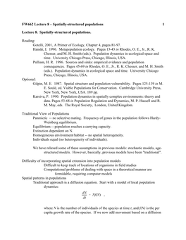 Nf(N) , Lecture 8. Spatially-Structured Populations. Reading: Go