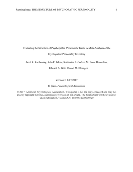 Running Head: the STRUCTURE of PSYCHOPATHIC PERSONALITY 1 Evaluating the Structure of Psychopathic Personality Traits: a Meta-An