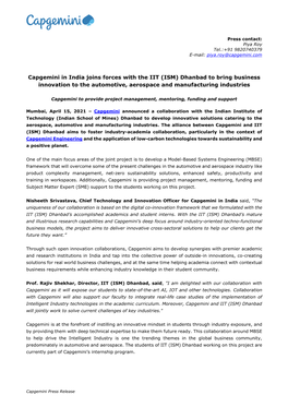 Capgemini in India Joins Forces with the IIT (ISM) Dhanbad to Bring Business Innovation to the Automotive, Aerospace and Manufacturing Industries