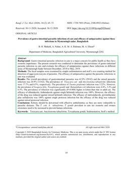 Prevalence of Gastro-Intestinal Parasitic Infections of Cats and Efficacy of Antiparasitics Against These Infections in Mymensingh Sadar, Bangladesh