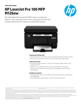 HP Laserjet Pro 100 MFP M126nw This Affordable HP Laserjet Pro MFP Is Easy to Install and Delivers Crisp, Clear Documents