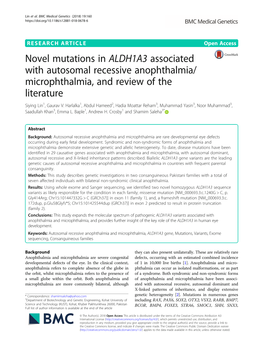 Novel Mutations in ALDH1A3 Associated with Autosomal Recessive Anophthalmia/ Microphthalmia, and Review of the Literature Siying Lin1, Gaurav V