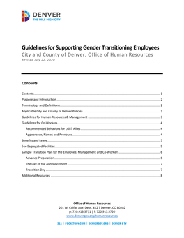 Guidelines for Supporting Gender Transitioning Employees City and County of Denver, Office of Human Resources Revised July 22, 2020