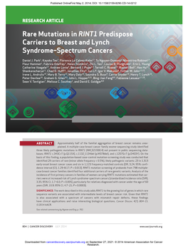 Rare Mutations in RINT1 Predispose Carriers to Breast and Lynch Syndrome–Spectrum Cancers