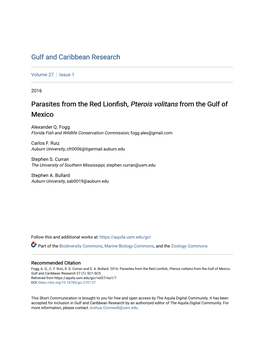 Parasites from the Red Lionfish, Pterois Volitans from the Gulf of Mexico