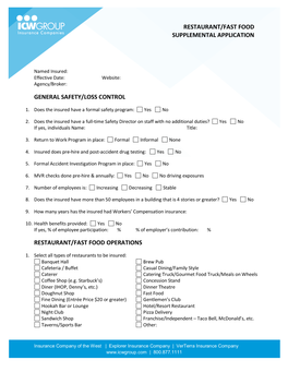 Restaurant/Fast Food Supplemental Application General Safety/Loss Control Restaurant/Fast Food Operations