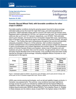 Canada: Record Wheat Yield, with Favorable Conditions for Other Crops in 2020/21