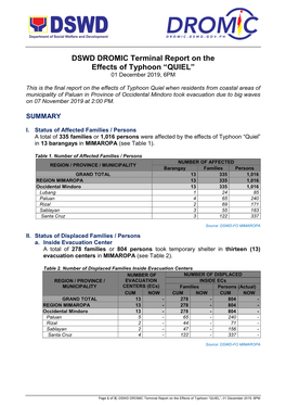 DSWD DROMIC Terminal Report on the Effects of Typhoon “QUIEL” 01 December 2019, 6PM