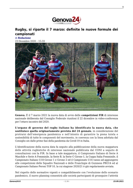 Rugby, Si Riparte Il 7 Marzo: Definite Le Nuove Formule Dei Campionati