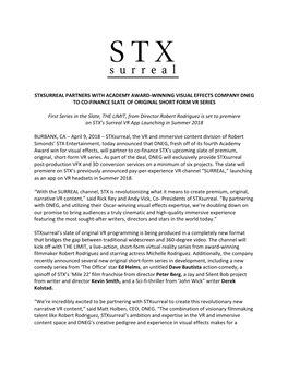 Stxsurreal Partners with Academy Award-Winning Visual Effects Company Dneg to Co-Finance Slate of Original Short Form Vr Series