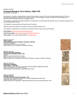 Exhibition Checklist: a Superb Baroque: Art in Genoa, 1600-1750 Sep 26, 2021–Jan 9, 2022