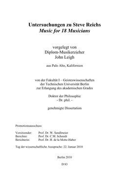 Untersuchungen Zu Steve Reichs Music for 18 Musicians