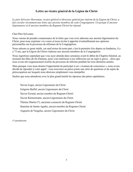 Lettre Au Vicaire Général De La Légion Du Christ