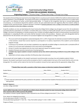 Coast Community College District PETITION for ACADEMIC RENEWAL Originating Campus: Coastline College Golden West College Orange Coast College