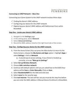 Xbox One Connecting Your Game System to the UNCP Network