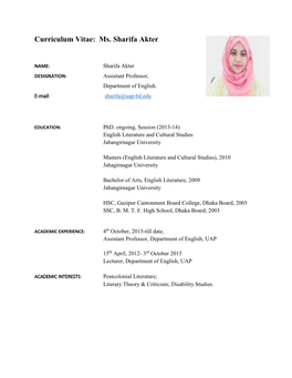 Curriculum Vitae: Ms. Sharifa Akter
