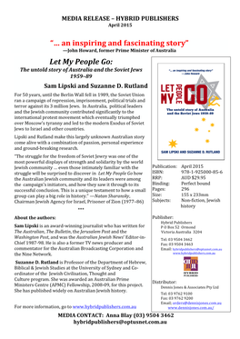 Let My People Go: the Untold Story of Australia and the Soviet Jews 1959–89 Sam Lipski and Suzanne D