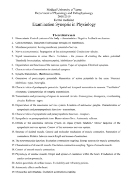 Physiology and Pathophysiology 2018/2019 Dental Medicine Examination Synopsis in Physiology