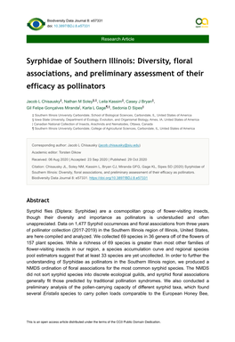 Syrphidae of Southern Illinois: Diversity, Floral Associations, and Preliminary Assessment of Their Efficacy As Pollinators
