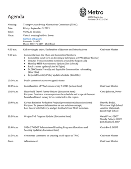 Meeting: Transportation Policy Alternatives Committee (TPAC) Date: Friday, September 3, 2021 Time: 9:30 A.M