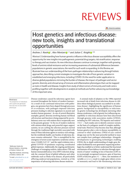 Host Genetics and Infectious Disease: New Tools, Insights and Translational Opportunities