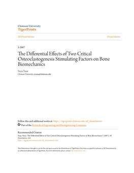 The Differential Effects of Two Critical Osteoclastogenesis Stimulating Factors on Bone Biomechanics Yuyu Yuan Clemson University, Yyuan@Clemson.Edu