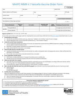 Mnvfc MMR-V / Varicella Vaccine Order Form Check Here If New Address Date: Site Name: Mnvfc PIN