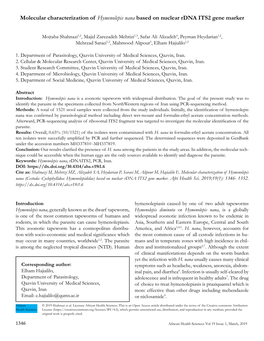 Molecular Characterization of Hymenolepis Nana Based on Nuclear Rdna ITS2 Gene Marker