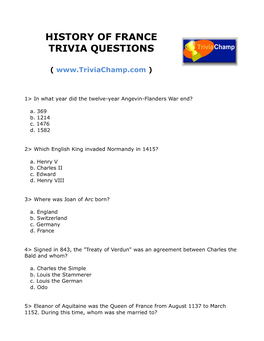History of France Trivia Questions