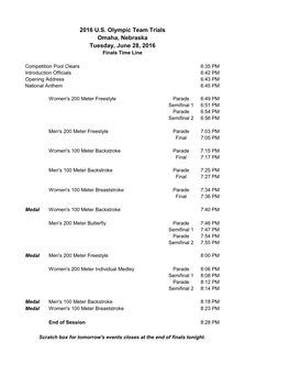 2016 U.S. Olympic Team Trials Omaha, Nebraska Tuesday, June 28, 2016 Finals Time Line