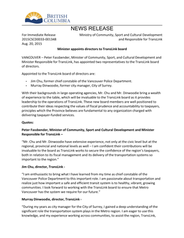 NEWS RELEASE for Immediate Release Ministry of Community, Sport and Cultural Development 2015CSCD0033-001348 and Responsible for Translink Aug