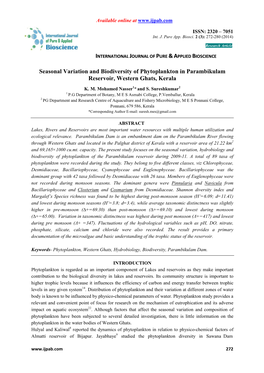 Seasonal Variation and Biodiversity of Phytoplankton in Parambikulam Reservoir, Western Ghats, Kerala