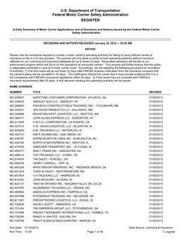 U.S. Department of Transportation Federal Motor Carrier Safety Administration REGISTER