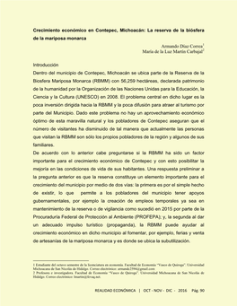 Crecimiento Económico En Contepec, Michoacán: La Reserva De La Biósfera De La Mariposa Monarca Armando Díaz Correa1 María De La Luz Martín Carbajal2