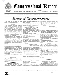 Congressional Record United States Th of America PROCEEDINGS and DEBATES of the 117 CONGRESS, FIRST SESSION