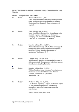 Series I. Correspondence, 1871-1894 Box 1 Folder 1 Darwin to Riley