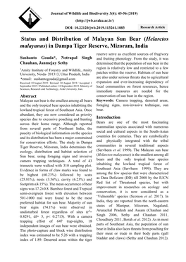 Status and Distribution of Malayan Sun Bear (Helarctos Malayanus) in Dampa Tiger Reserve, Mizoram, India