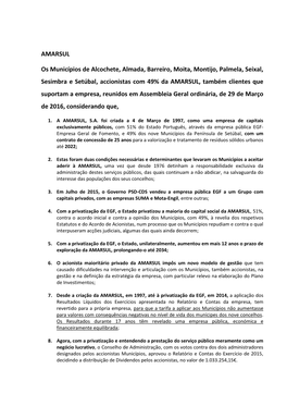 AMARSUL Os Municípios De Alcochete, Almada, Barreiro, Moita, Montijo, Palmela, Seixal, Sesimbra E Setúbal, Accionistas Com