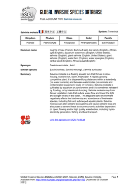 (GISD) 2021. Species Profile Salvinia Molesta. Available