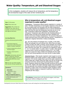 Water Quality: Temperature, Ph and Dissolved Oxygen