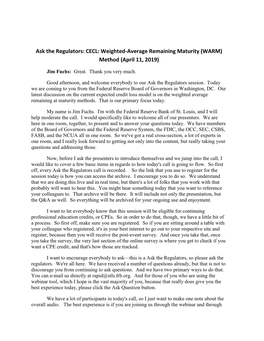 Ask the Regulators: CECL: Weighted-Average Remaining Maturity (WARM) Method (April 11, 2019)