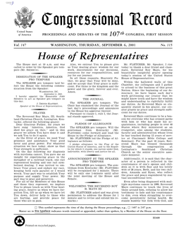 Congressional Record United States of America PROCEEDINGS and DEBATES of the 107Th CONGRESS, FIRST SESSION