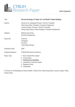 Structural Design of Taipei 101, the World's Tallest Building