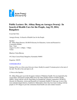 Public Lecture: Dr. Abhay Bang on Aarogya Swaraj : in Search of Health Care for the People, Aug 19, 2014, Bangalore