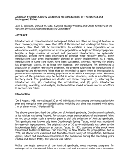 American Fisheries Society Guidelines for Introductions of Threatened and Endangered Fishes Jack E. Williams, Donald W. Sada, Cy