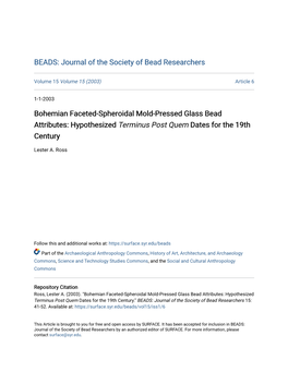 Bohemian Faceted-Spheroidal Mold-Pressed Glass Bead Attributes: Hypothesized Terminus Post Quem Dates for the 19Th Century