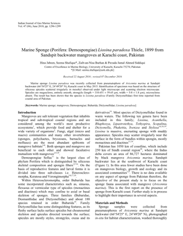 Marine Sponge (Porifera: Demospongiae) Liosina Paradoxa Thiele, 1899 from Sandspit Backwater Mangroves at Karachi Coast, Pakistan