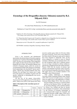 Etymology of the Dragonflies (Insecta: Odonata) Named by R.J. Tillyard, F.R.S