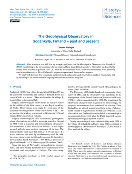 The Geophysical Observatory in Sodankylä, Finland – Past and Present